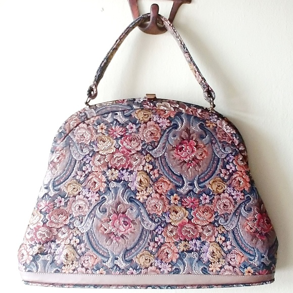 Handbags - Vintage Tapestry Floral Purse Bag Glittery 60s